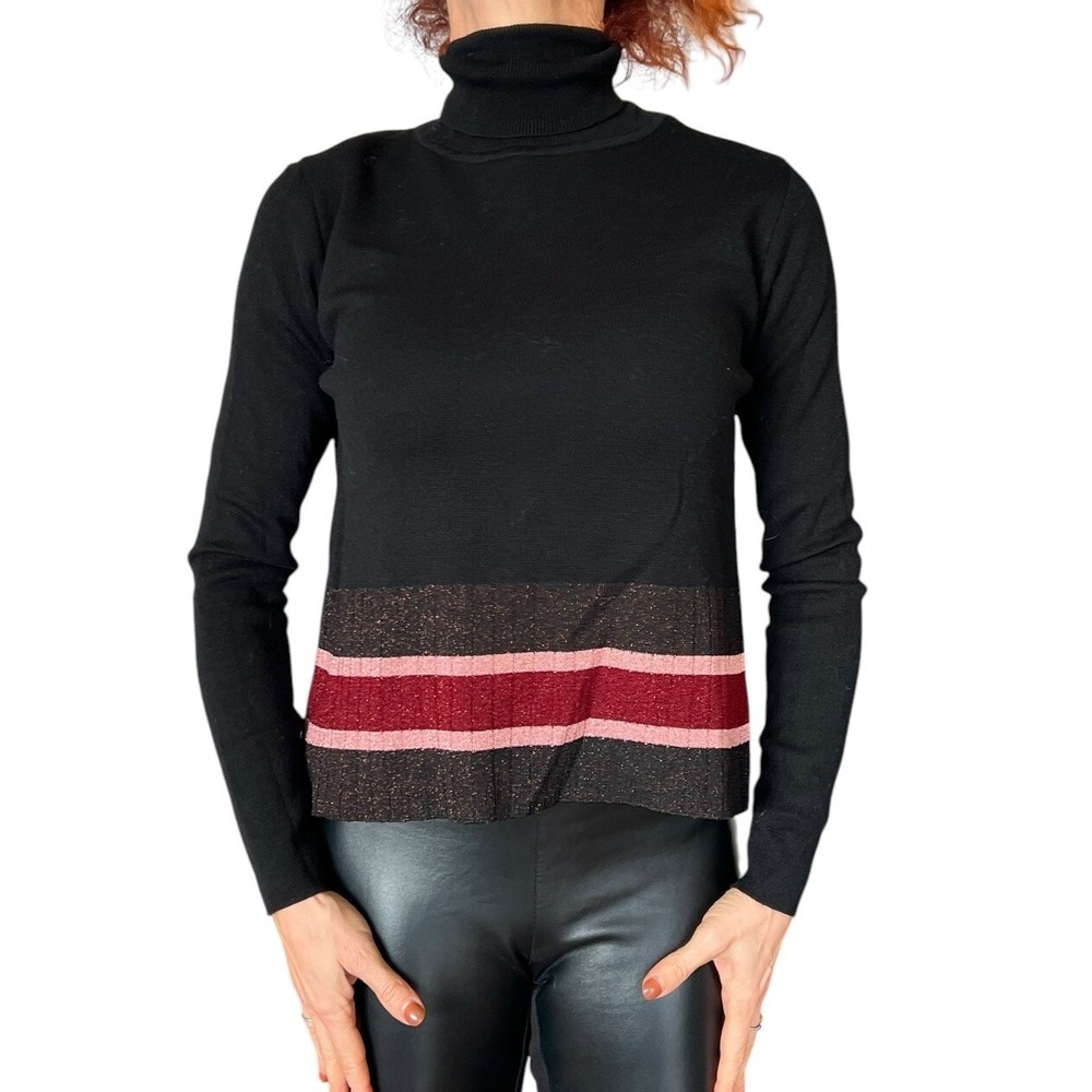 BEATRICE B. MADE IN ITALY TURTLENECK SWEATER BLACK METALLIC STRIPE WOOL KNIT‎ 4
